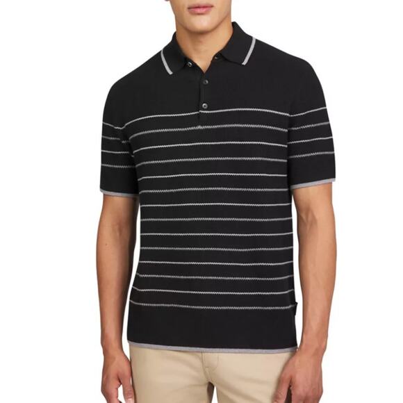 Ben Sherman Mens Textured Short Sleeve Knit Polo Sweater Blue White Stripe Large - Picture 1 of 10